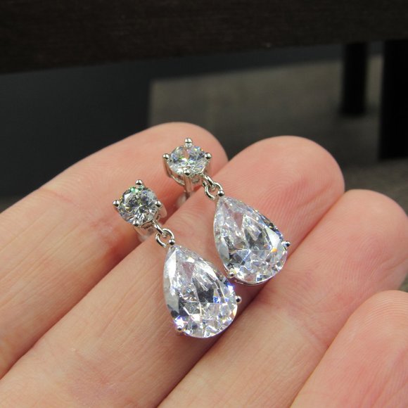 Sterling Pear & Round Cubic Zirconia Earrings - Picture 3 of 8